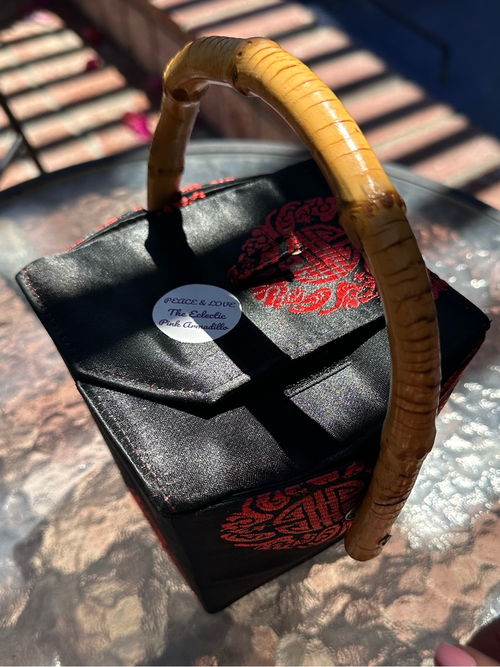 Black Satin Box Bag with Bamboo Handle -